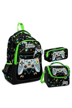 Coral High Erkek Çocuk Üç Gözlü İlkokul Çanta Seti - Siyah Fosforlu Yeşil Gamer Desenli