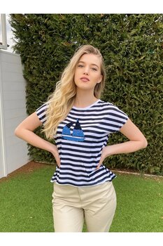 CoolCode 100% Viskon Çift Yönlü Pullu Gemi Desenli Lacivert Kadın T-shirt XL Beden