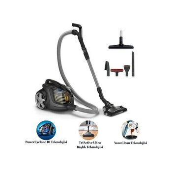 Philips Triactive Ultra Başlık ve Powercyclone 10 Teknolojisi ile Premium Toz Torbasız Elektrikli Süpürge, Metalik Gri - Siyah