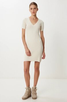 Lovelyİstanbul Ajurlu Esnek Mini Triko Elbise  KREM S/M Beden