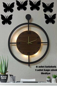Blackdekor Ceviz Led Işıklı Duvar Saati - 50 Cm Büyük Dekoratif Ahşap Saat | Şık Ve Modern Tasarım