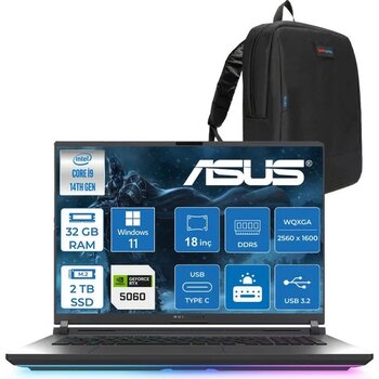Asus Rog Strix G18 G815JMR Intel Core I9 14900HX 32GB 2tb SSD 8GB/RTX5060 115W Gddr7 18" 2.5k (2560 x 1600, Wqxga) 240Hz 3ms Windows 11 Home Taşınabilir Bilgisayar ZS9035H13+Zettaçanta