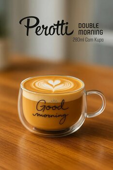 YzHome Good Morning Çift Cidarlı Kulplu Cam Bardak Kupa 280ml