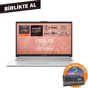 Asus Vivobook Go 15 Amd Ryzen 5 7520U 8Gb 1Tb Ssd 15.6" Fhd Fdos + Gaming Klavye E1504fa-Bq1741 011