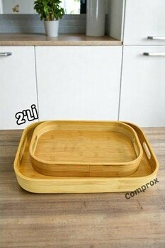 2li Ahşap Tepsi Doğal Bambu Dikdörtgen Tepsi | Şık ve Kullanışlı Sunum Tepsisi Ikili Tepsi