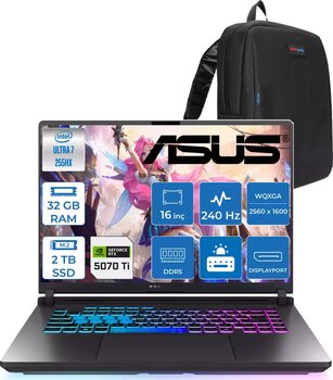 Asus Rog Strix G16 G615LR Intel Ultra 7 255HX Aı 32GB GB 2tb SSD 12GB/RTX5070Tİ Gddr7 140W 16" 2.5k 2560 x 1600 Wqxga 240Hz 3ms 500NITS Freedos Taşınabilir Bilgisayar ZS5212F13+ZETTAÇANTA