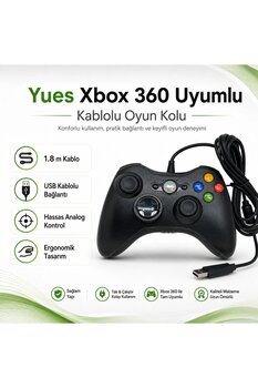 YUES Xbox 360 Kablolu Oyun Kolu – USB, Çift Titreşim, Ergonomik Gamepad
