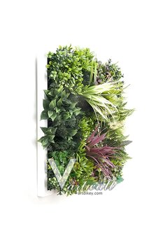 grassplast V.artwall Yapay Çiçek Tablo Karışık Çiçekli Beyaz Çerçeveli Dekoratif Duvar Tablo Yeşil 50x50cm