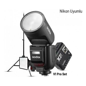 Godox V1 Pro Nikon Flaş Full Set (Flaş, X2 Tetikleyici, 15X20 Softbox, Tripod) - Siyah