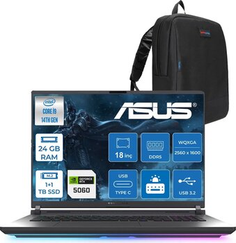 Asus Rog Strix G18 G815jmr Intel Core I9 14900hx 24gb 1tb Ssd +1tb Ssd 8gb/Rtx5060 115w Gddr7 18" 2.5k (2560 X 1600, Wqxga) 240hz 3ms Freedos Taşınabilir Bilgisayar Zs9035f04+Zettaçanta