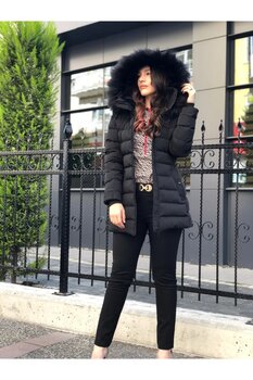 PIQUE Kadın Siyah Kapüşonu Kürklü Şişme Kaban M Beden