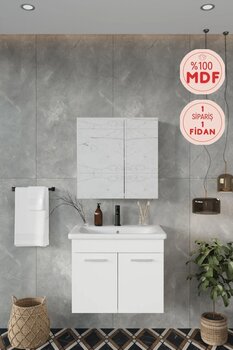 BALNEOM Banyo Defne 65 Cm Demonte Banyo Dolabı Aynalı Dolaplı Üst Dolap Lavabo