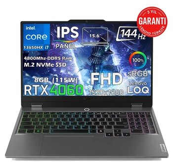 Lenovo Loq 15Irx9 Intel Core İ7 13650Hx 12Gb 1Tb Ssd Rtx 4060 (115W) 15.6" Srgb 144Hz Fhd Ips Panel Freedos Taşınabilir Bilgisayar 83Dv011gtr