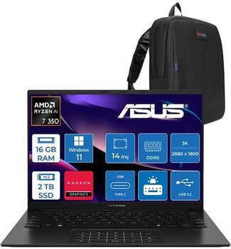 Asus Zenbook 14 Oled Ryzen Aı 7 350 16gb Ddr5 2tb Ssd Intel Arc Graphics Win11pro 14" Wuxga Oled 600nits Taşınabilir Bilgisayar Um3406kap03 + Zettaçanta