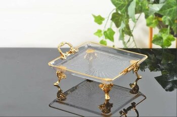 AlyaHomeAksesuar Kulplu Kare Cam Tepsi Altın