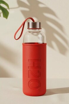 Snippy H2o - Cam Matara Deri Kılıflı Suluk Su Şişesi Cam Matara 1000 Ml Kırmızı Kırmızı
