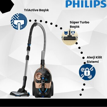 Phılıps Marathon Daily Toz Torbasız Süpürge Powercyclone 8, Turbo Fırça, Allergy H13 Filtre Triactive+  Maksimum Toz Haznesi Hacmi  2 L - Siyah - Rose