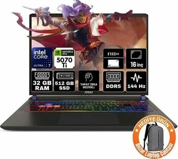 MSI Vector 16 HX AI Intel Core Ultra 7 255HX 32GB 512GB SSD RTX5070TI 12GB FreeDOS FHD+ 16" 144Hz Dizüstü Bilgisayar A2XWHG-091XTR-A1