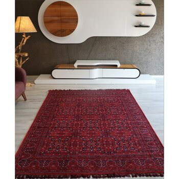 Afgan Kırmızı Salon Halısı Arte Etnik Kilim Yıkanabilir Mutfak Halısı Kaymaz Taban Dekoratif Halı Örgü Saçaklı Yatak Odası - 200 x 300 cm