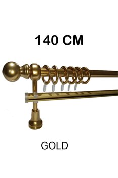 PERDE Mix 140 Cm Gold Metal Borulu Ahşap Ayak Ve Başlıklı Tek Raylı Rustik Perde Askısı
