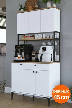 Rani Mobilya Rani JE197 Çok Amaçlı Dolap 6 Kapaklı 1 Çekmeceli Kiler Mutfak Dolabı Sepet Ceviz - Beyaz