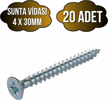 Sunta Vidası 4x30mm Çinko Ahşap Mdf Montaj Vidası(4x30mm)(20 Adet)