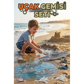 Oyuncak Askeri Uçak Gemisi Ve Savaş Filosu Seti - Uçak Fırlatan Mancınık Özellikli 9 Parça Gemi Uçak