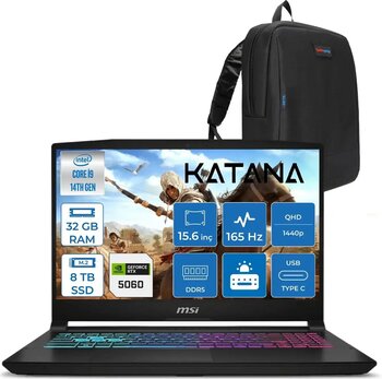 Msı Katana 15 Hx Intel Core I9 14900HX 32GB Ddr5 8tb SSD Freedos RTX5060 8gb 115W 15.6" 2k QHD(2560X1440) 165Hz Taşınabilir Bilgisayar B14WFK450XTRF21 + Zetta Çanta