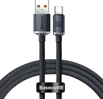 Baseus Crystal Shine USB-A - Type-C Hızlı Şarj Veri Kablosu 100W 5A 1,2M - Siyah (iPhone ile uyumlu değildir)