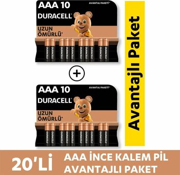 Duracell Alkalin AAA İnce Kalem Pil, 1,5V (LR03 / MN2400), 20'li Paket