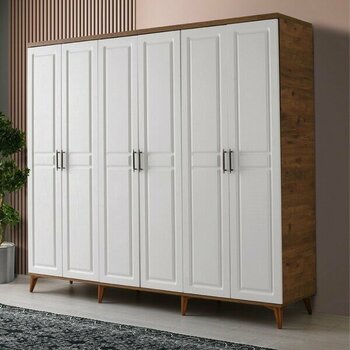 GuneyStore  Montaj - % 100 MDF Sport 6 Kapaklı Atlantik Çam Gardırop - MDF Dolap - Elbise Dolabı - Atlantik Çam - Beyaz