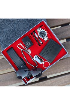 saat&istasyonu Çelik Kordonlu Erkek Kol Saat Seti Güneş Gözlüğü Çakmak Cüzdan Tesbih Kemer Bileklik