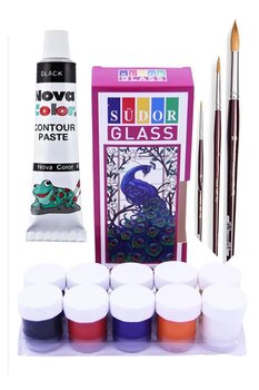Artlantis Cam Boyası 10 Renk 15 ml ve Siyah Kontur Boyası 1 Paket Fırça 3 Adet Cam Vitray Boyama Seti Cam Boya