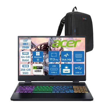Acer Nitro 5 An517-55- Intel I7-12650h 64gb Ddr5 256gb Ssd 8gb/Rtx4060 140w Ips 17.3" 144hz Full Hd Win11home Gaming Laptop Nhqlfey004h21+Zettaçanta