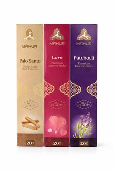 MAHUR 3’lü Premium Tütsü Seti – Palo Santo, Love, Patchouli 20’li Çubuk Tütsü