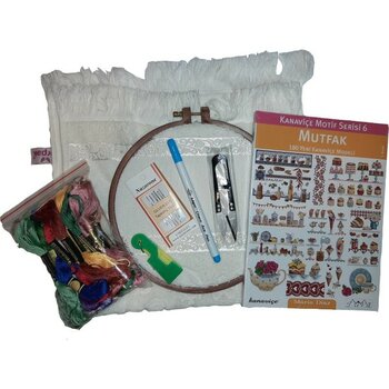 Almila Kanaviçe Seti 25 Ip 50*30 Kadife Havlu 6 Iğne 19 cm Kasnak Uçan Kalem Iplik Kesme Motif Kitabı - 66 cm