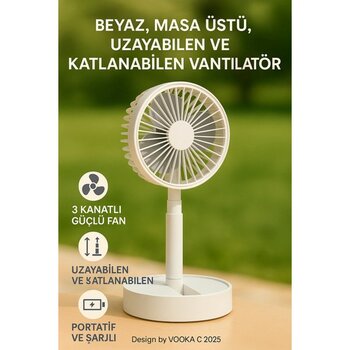 vooka Vantilatör Fan Katlanabilir Sessiz Masaüstü Vantilatör | Güçlü Motorlu USB Şarjlı Soğutucu Fan Blic - Beyaz