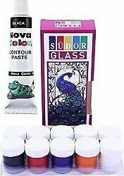 Cam Boyası 10 Renk 15 ml ve Siyah Kontur Boyası 1 Paket Cam Vitray Boyama Seti
