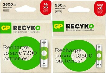 Gp Batteries Recyko 2600mah Aa Kalem 6’lı Kart + Gp Batteries Recyko 950mah Aaa İnce 6’lı Kart