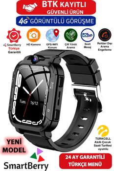 Smartberry Görüntülü Görüşme Gps Wıfı Net Konum Gizli Dinleme Akıllı Çocuk Takip Saati Sim Kartlı - Siyah