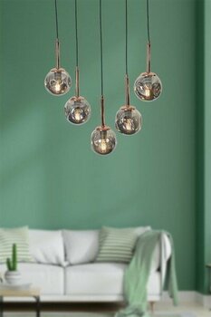 Luzarana Liza 5 Li Bakır-Siyah Metal Gövde Füme Camlı Tasarım Lüx Sarkıt Avize - Bakır - Siyah