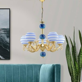 Dede Avize Beş  Kollu Zamak Avize Gold Mavi Çinili Mavi Çizgili Beyaz Cam