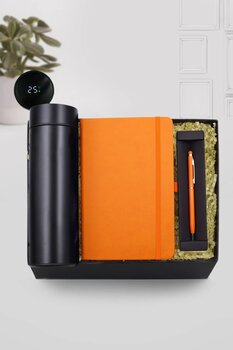 Trendmiya 500 ML Siyah Termos Turuncu Touch Pen Turuncu Defter Hediye Seti