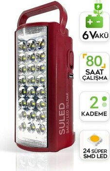 Suled Kamp Lambası 6V Akülü 80 Saat - 3 gün Aydınlatma 24 Smd LED Işıldak Lamba 220V Şarj - Kırmızı