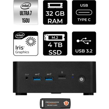 Msı Cubi Nuc Intel Core 7 150U 32GB 4tb SSD W11H Mini Masaüstü Bilgisayar & Per4 USB Bellek 1M012BEUP360 - Windows 11 Home