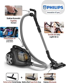 Philips Kumandalı Üst Düzey Torbasız Teknoloji XB9145 Marathon Ultimate Toz Torbasız Süpürge+ Halı Döver Turbo Başlık + Islak Kuru Traş Makinesi Hediyeli - Antrasit