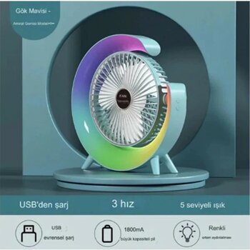 TE Dükkan Buğz Masaüstü Vantilatör USB Şarjlı Rgb LED Işıklı 3 Kademeli 180° Ayarlanabilir Soğutucu Fan Mavi