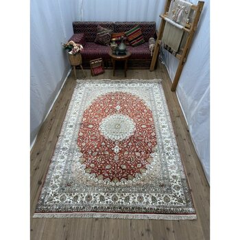 Şirvan Halı El Dokuma Ipek Floş Halı - 184 x 270 - Krem - Kırmızı - 184 x 270 cm
