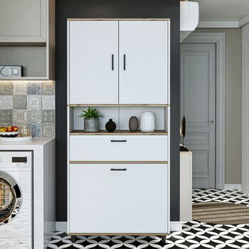 Roomart Çamaşır Sepetli Banyo Dolabı, Çok Amaçlı Çekmeceli Dolap 90 x 200 cm - Atlantik Çam - Beyaz