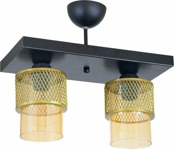 Lambadar Ikili Bal Cam Kafes Model Modern Plafonyer Avize - Siyah Eskitme - Bal Rengi - 2